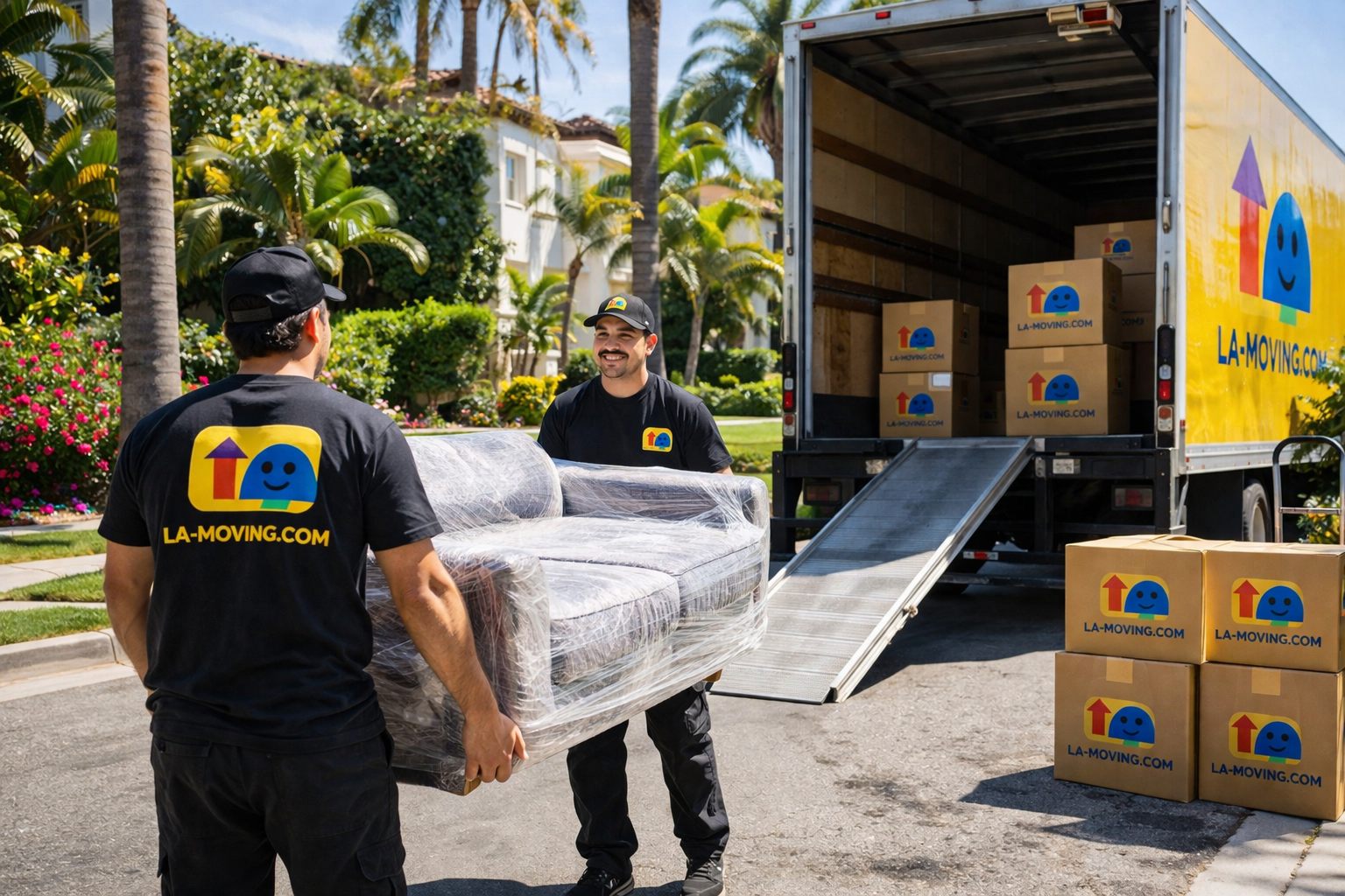 Two LA Moving crew members carrying a wrapped sofa toward a truck parked in front of a Los Angeles home