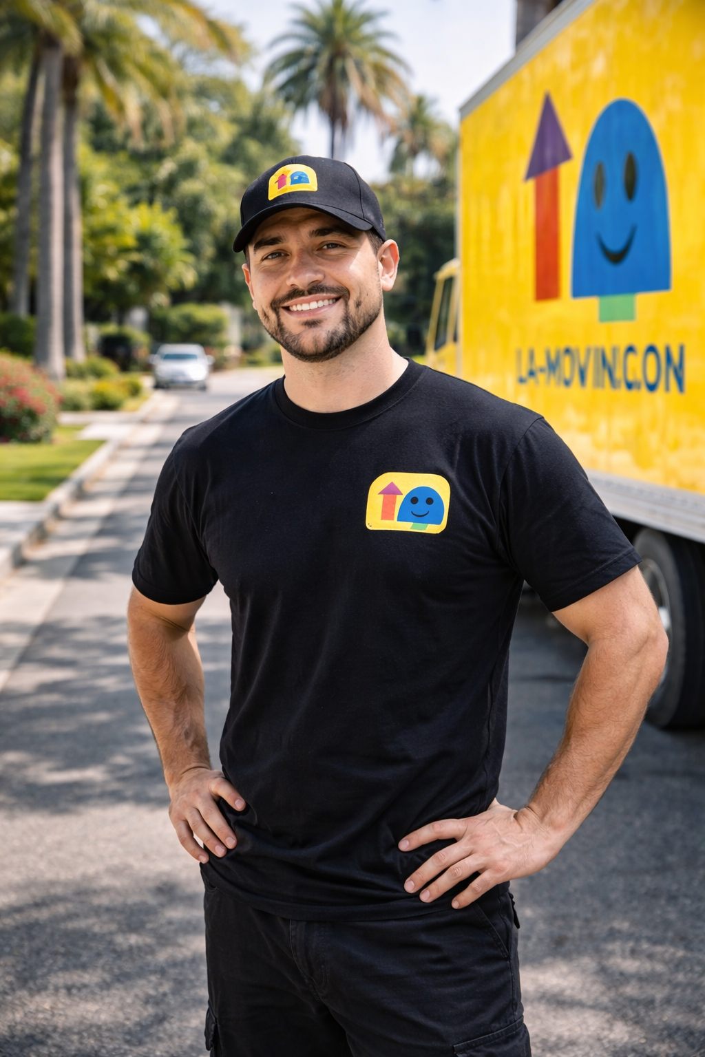LA Moving crew member speaking with a client beside a bright yellow truck in a residential neighborhood