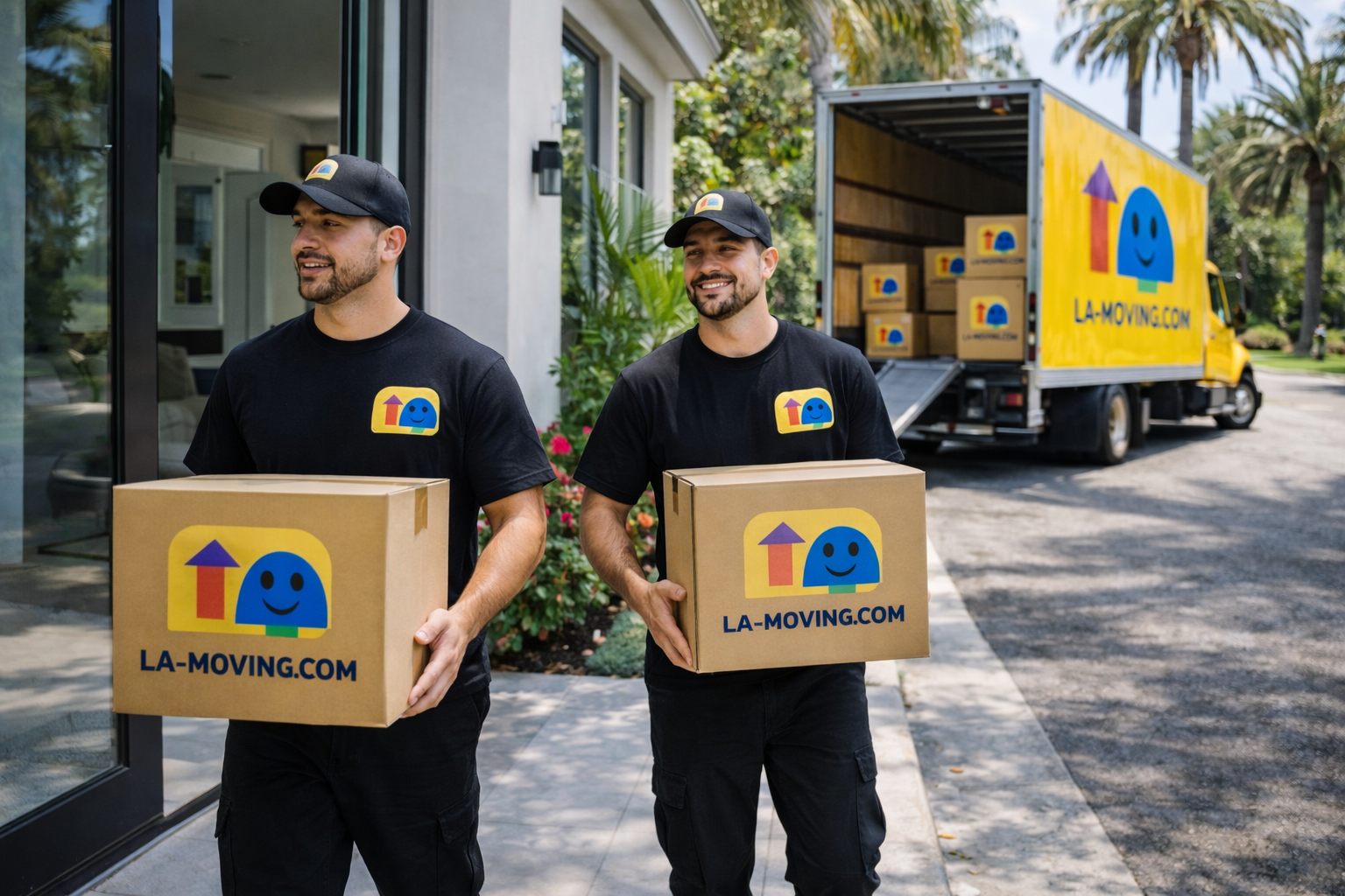 LA Moving crew member standing in front of a branded yellow moving truck on a palm-lined street