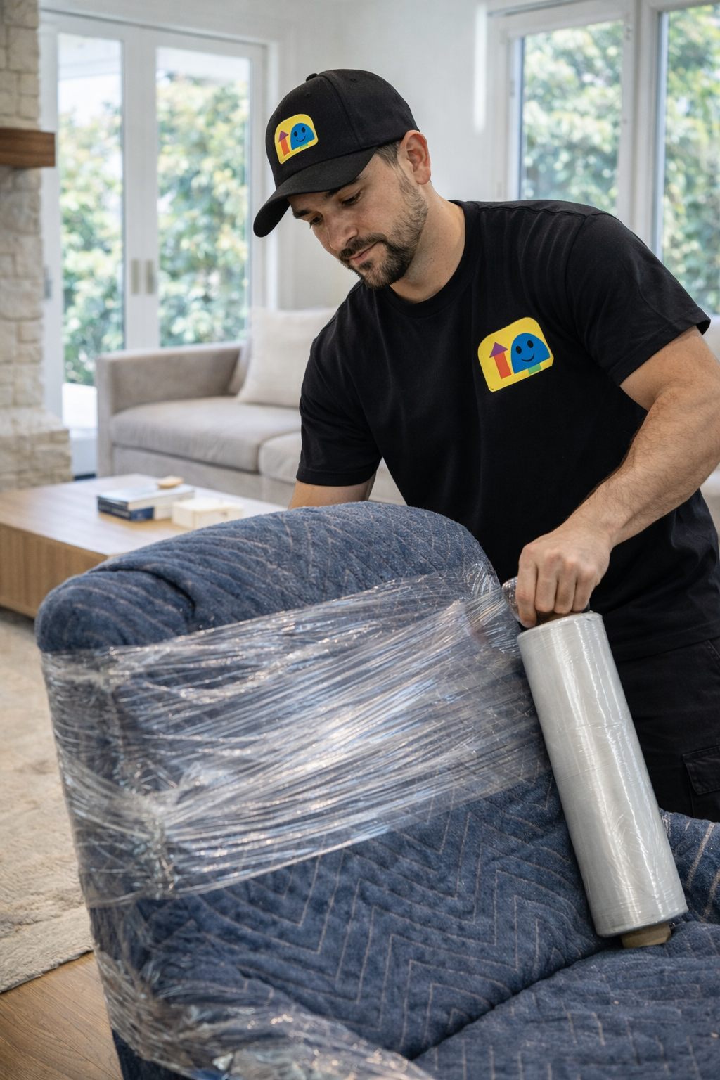 Two LA Moving crew members carrying branded boxes from a home toward a truck with the ramp down