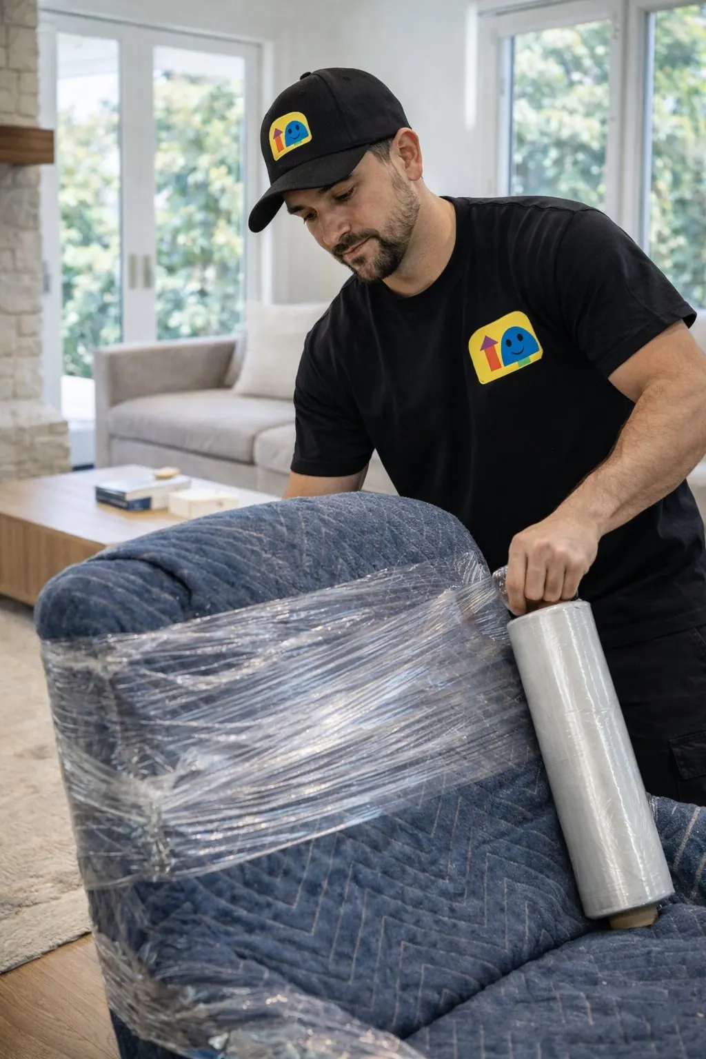 Two LA Moving crew members carrying branded boxes from a home toward a truck with the ramp down