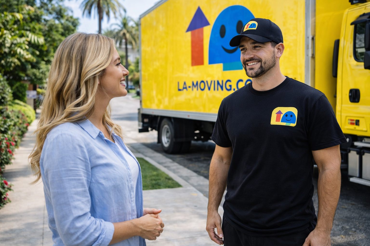 LA Moving crew member wrapping a cushioned chair with stretch film inside a bright living room