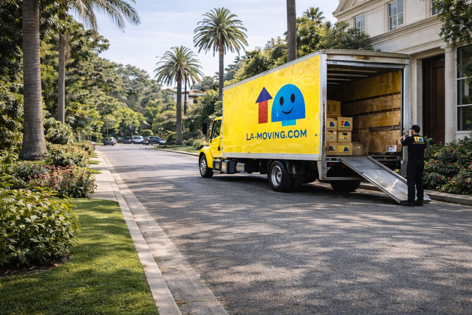 LA Moving truck parked outside a large Los Angeles home with the loading ramp extended and a crew member at the back