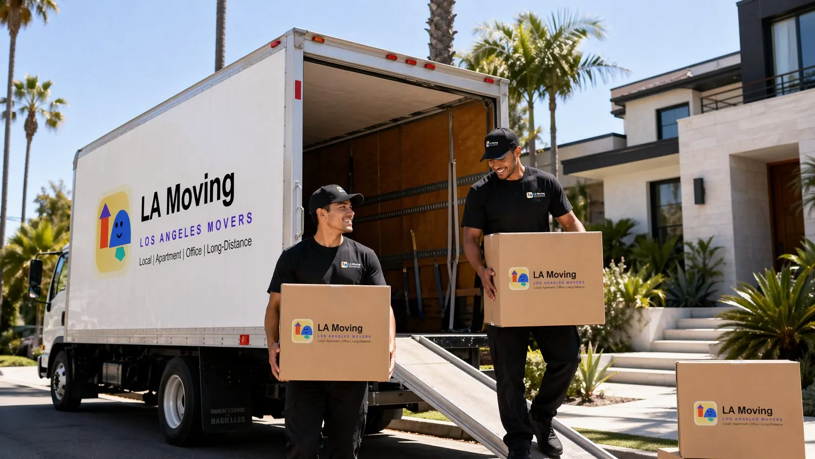 LA Moving crew unloading boxes from a white truck into the driveway of a modern Los Angeles home
