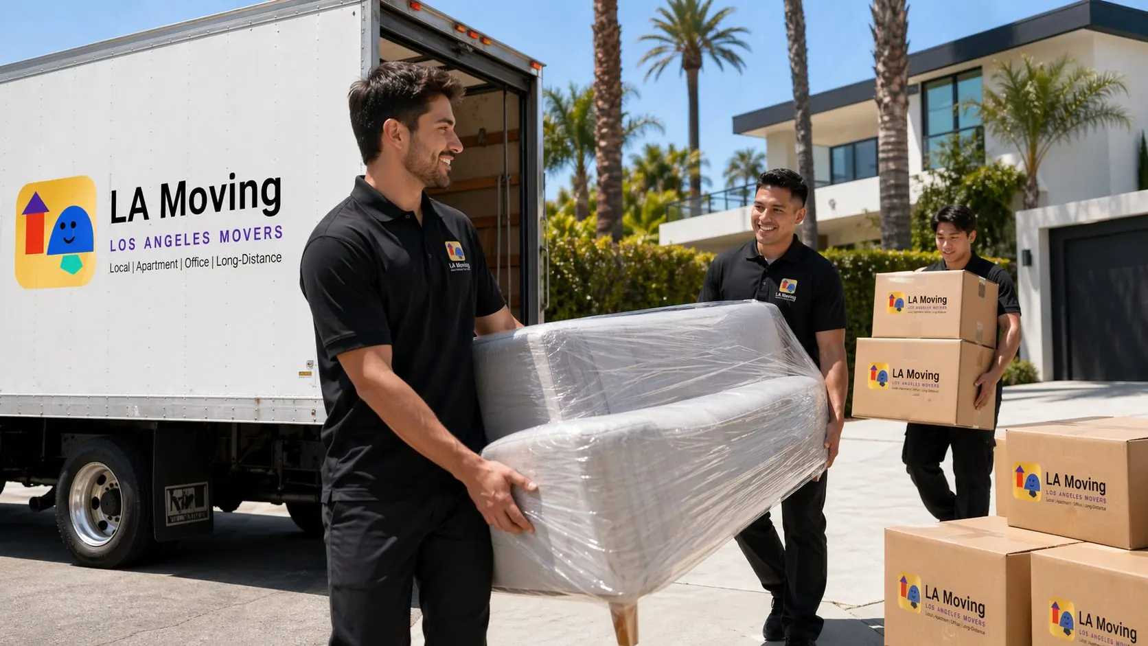 LA Moving crew carrying a wrapped sofa while other movers bring boxes from a truck