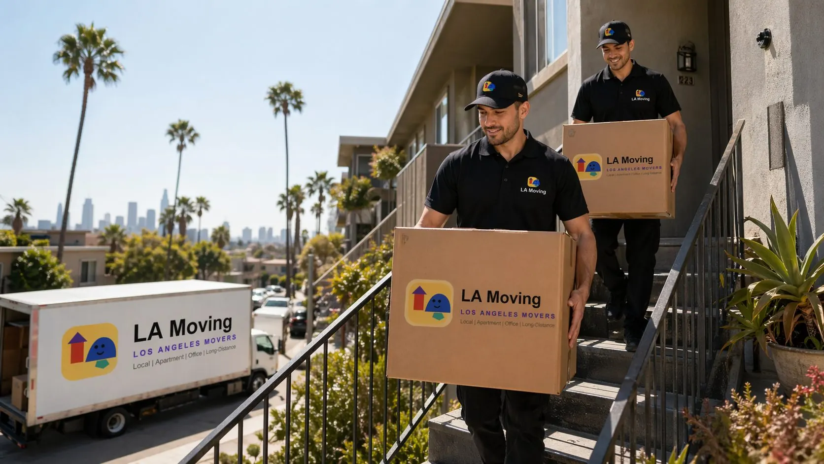 Four LA Moving crew members standing in front of a branded moving truck