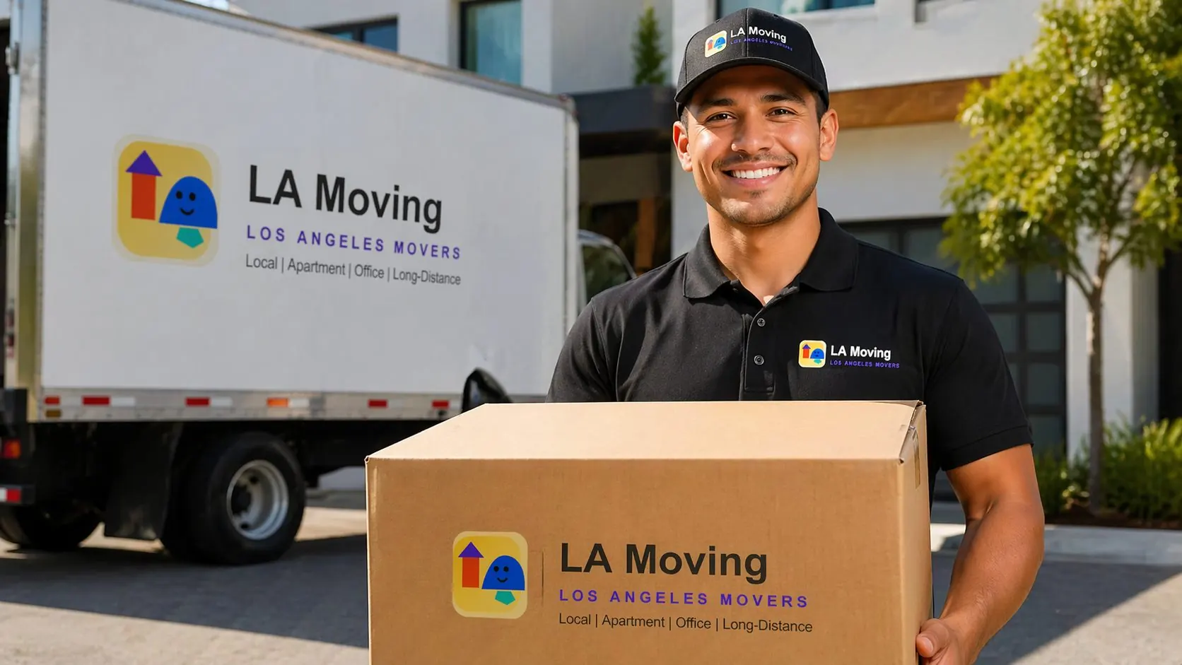 Two LA Moving crew members carrying large boxes down exterior apartment stairs with the truck parked below