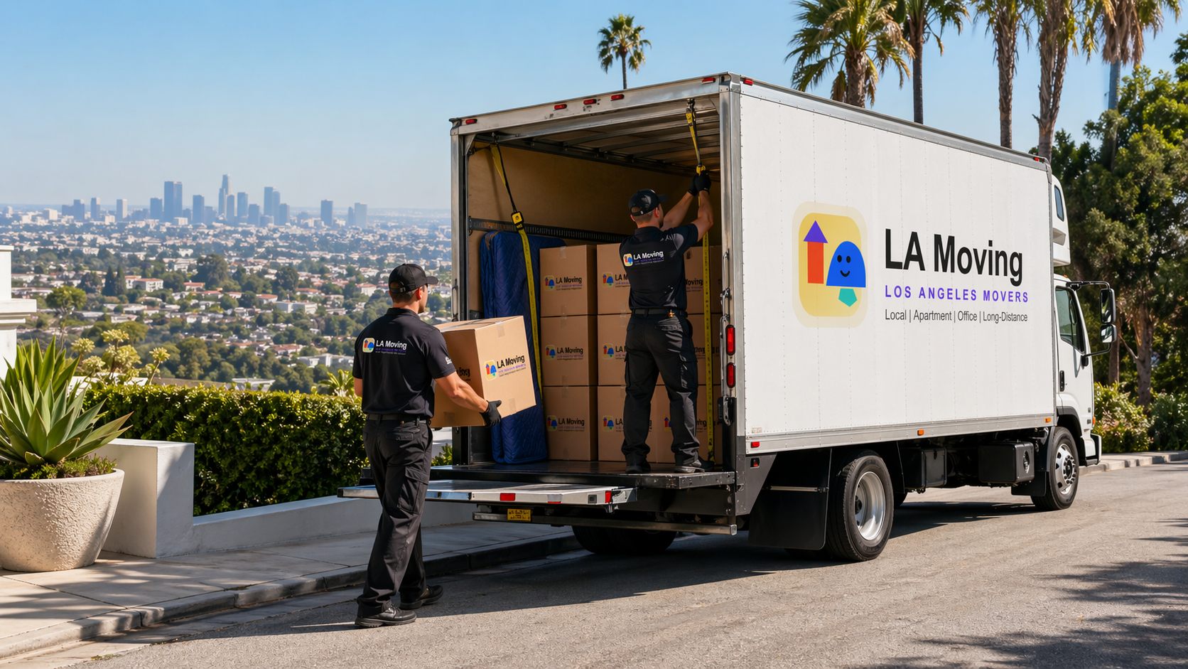 Two LA Moving crew members passing a branded box from the back of a truck to the driveway