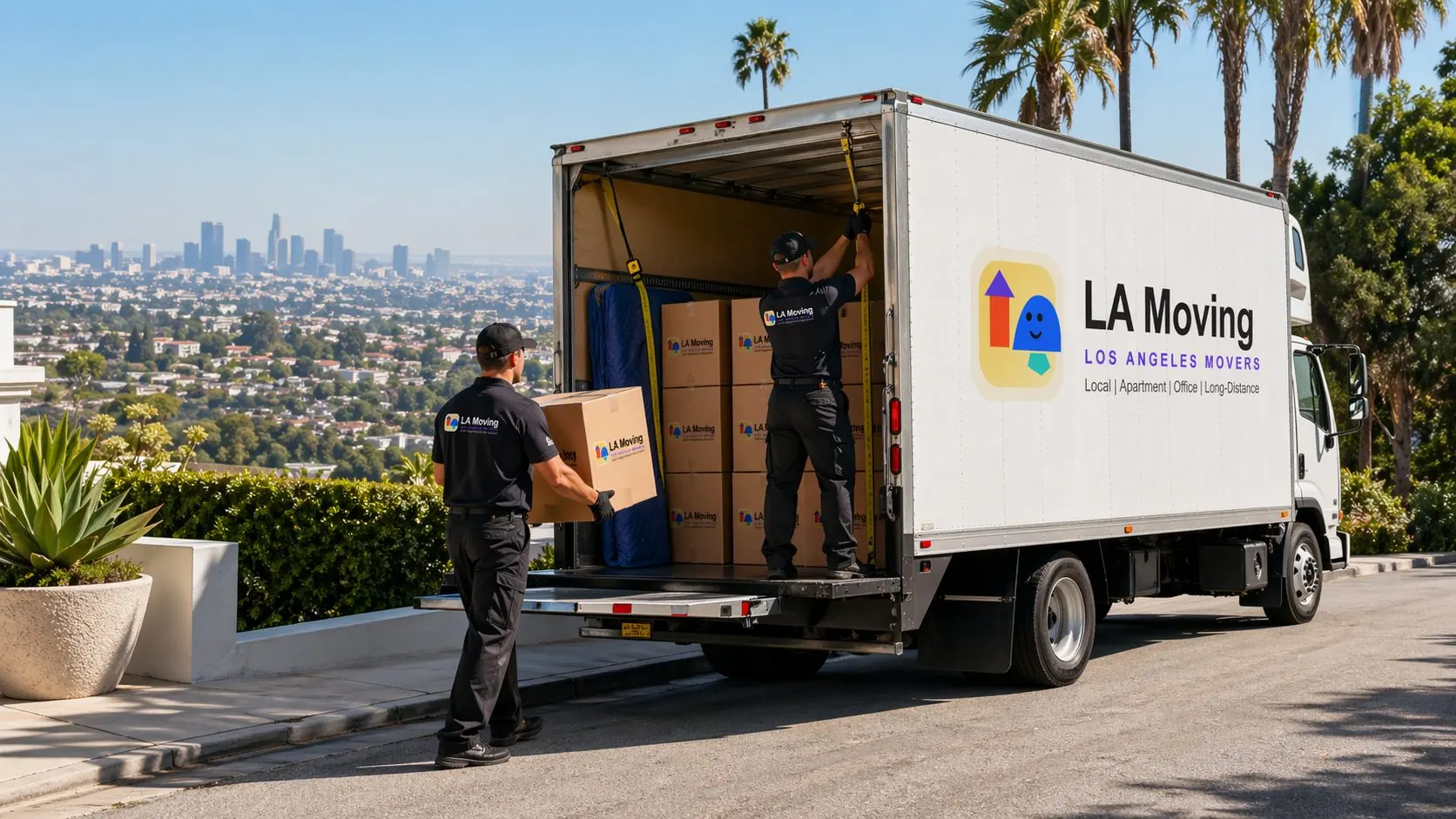 LA Moving crew handing a box from a truck during an apartment move