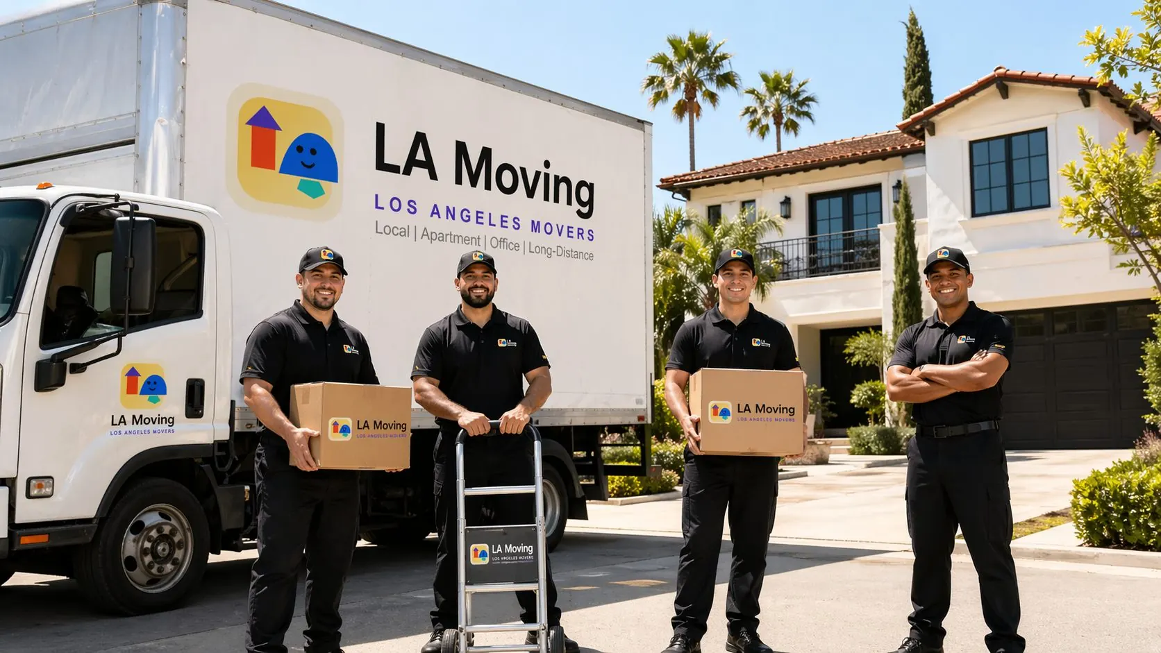 LA Moving crew unloading boxes while another mover carries a wrapped chair away from a truck