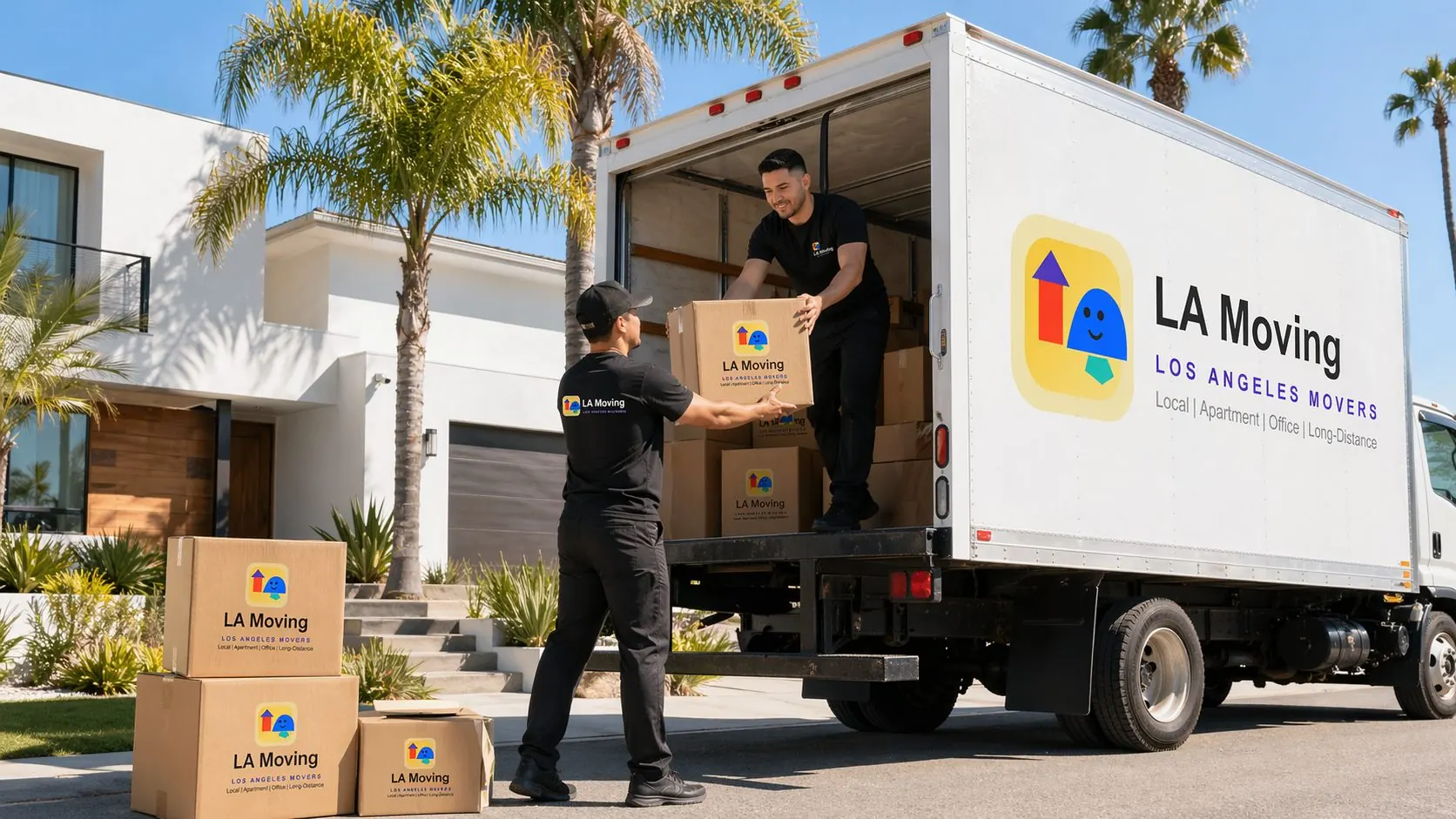 LA Moving crew passing a box down a truck ramp outside a modern Los Angeles home