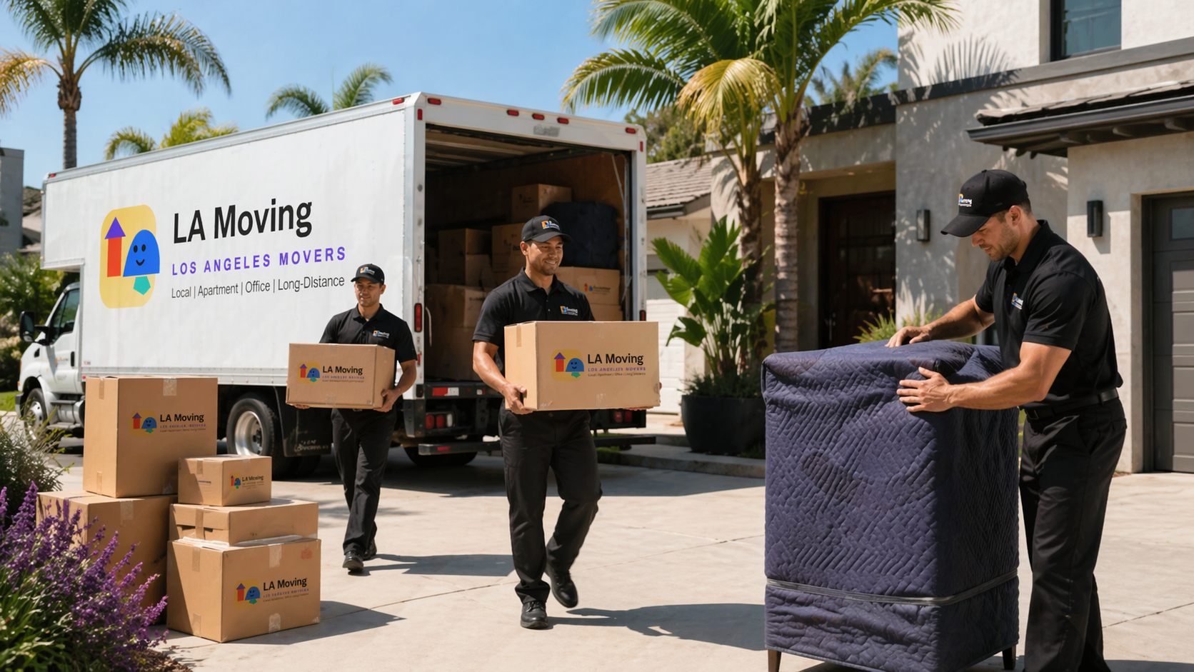 Two LA Moving crew members carrying boxes away from a truck parked beside a residential property