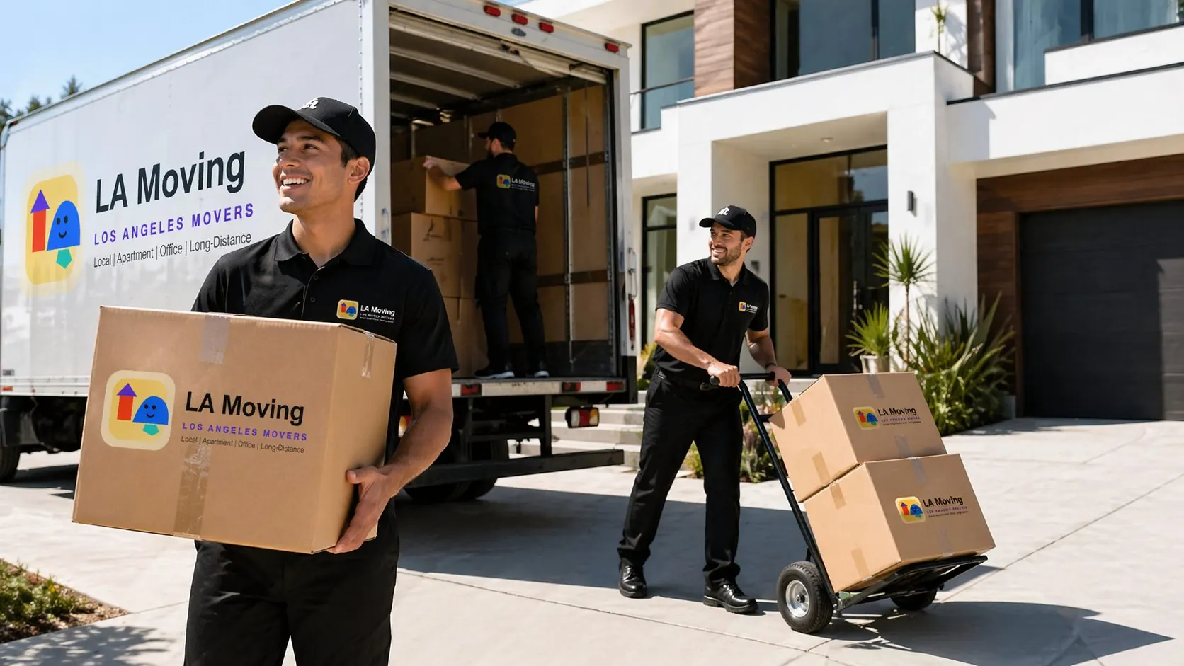Smiling LA Moving crew member holding a branded box in front of a truck and residence