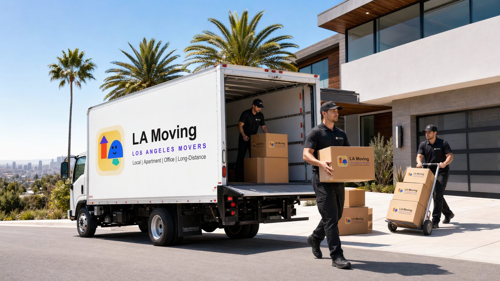 Wide view of LA Moving crew unloading boxes and using a dolly outside a hillside Los Angeles home