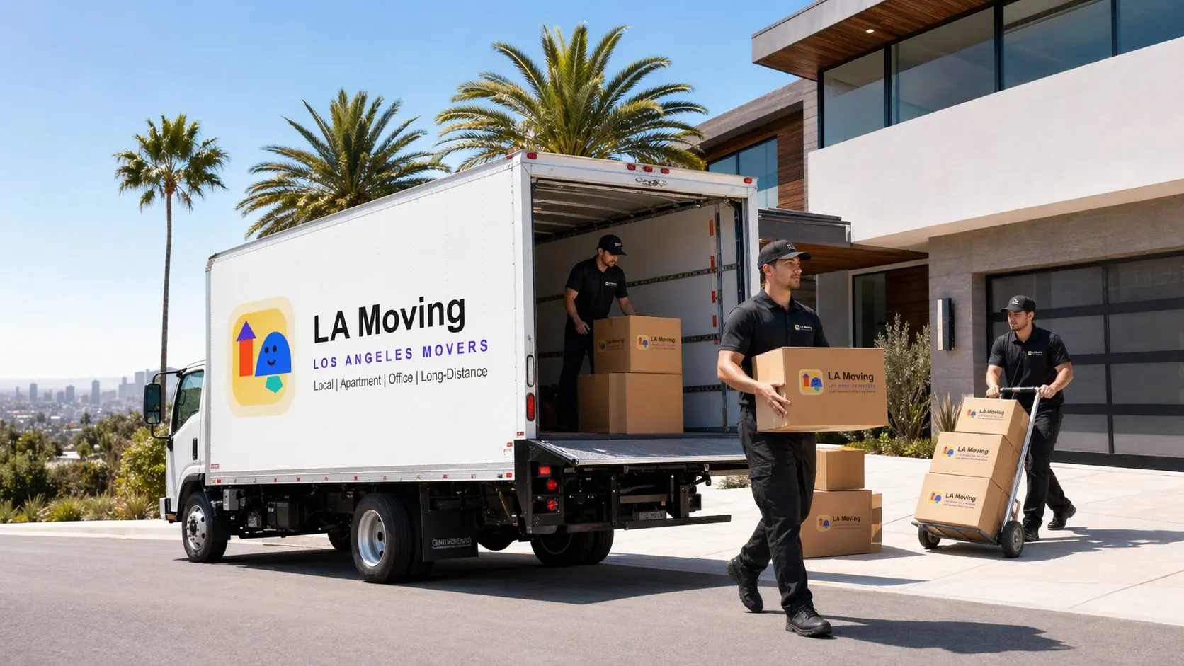 Wide view of LA Moving crew unloading boxes and using a dolly outside a hillside Los Angeles home