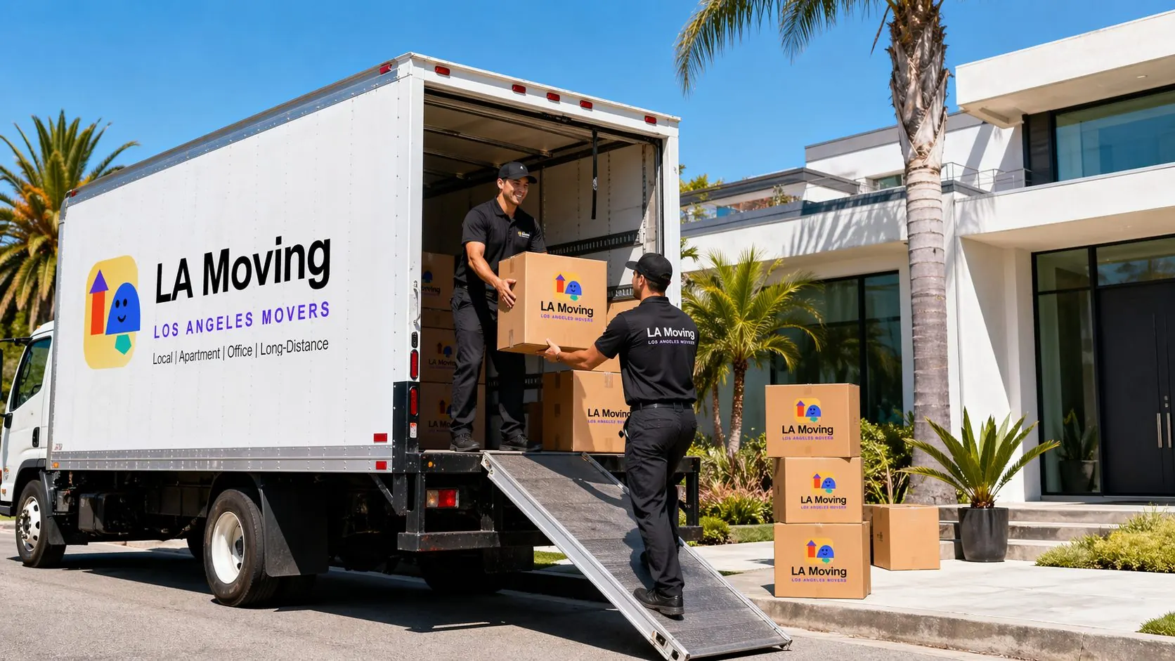 LA Moving crew handing a branded box from a truck to a mover standing on the driveway