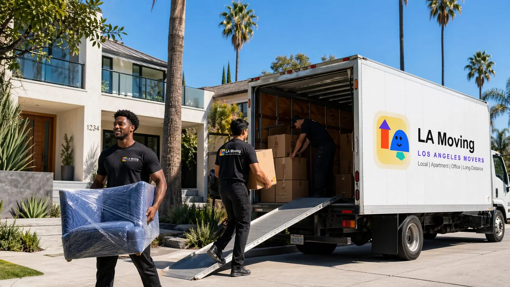 LA Moving truck parked on a hillside street while crew secure boxes and pads inside the open cargo area