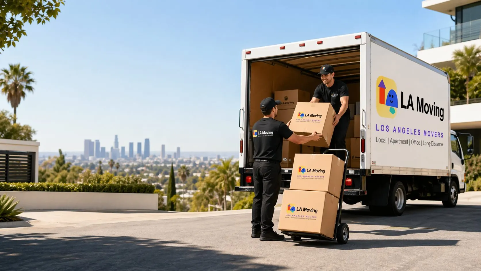 LA Moving crew carrying office boxes down exterior stairs with the downtown Los Angeles skyline behind them