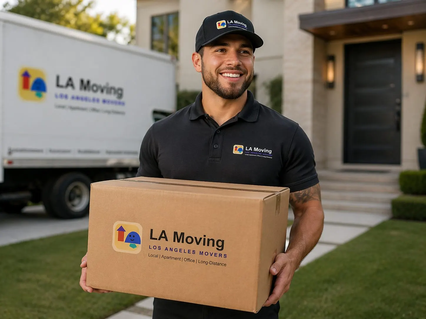 Large LA Moving team assembled in front of a branded truck outside a warehouse facility