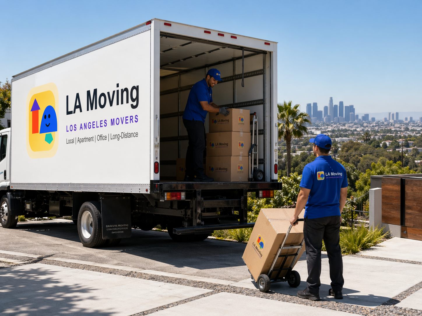 LA Moving crew rolling office equipment and labeled document boxes into a downtown Los Angeles building