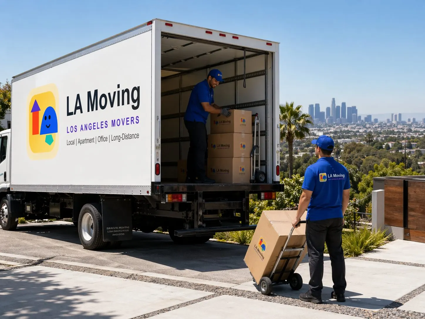 LA Moving crew rolling office equipment and labeled document boxes into a downtown Los Angeles building
